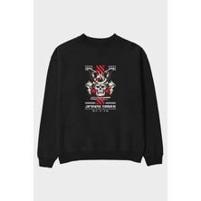 Ankhises Japanese Samurai Ön Baskılı Siyah Oversize Sweatshirt Erkek Kadın Bisiklet Yaka
