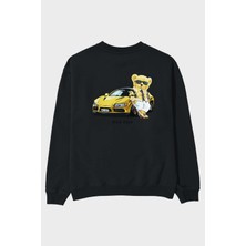 Ankhises Teddy Bear Rich Club Arka Baskılı Siyah Oversize Sweatshirt Erkek Kadın Bisiklet Yaka