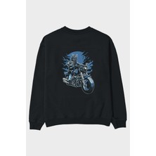 Ankhises Samurai Ride Arka Baskılı Siyah Oversize Sweatshirt Erkek Kadın Bisiklet Yaka