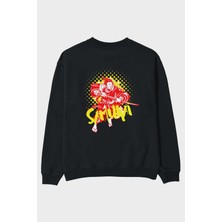 Ankhises Samurai Arka Baskılı Siyah Oversize Sweatshirt Erkek Kadın Bisiklet Yaka