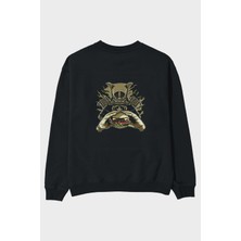 Ankhises Samurai Burger Arka Baskılı Siyah Oversize Sweatshirt Erkek Kadın Bisiklet Yaka