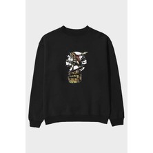 Ankhises Diver Skater Treasure Ön Baskılı Siyah Oversize Sweatshirt Erkek Kadın Bisiklet Yaka