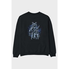 Ankhises Samurai Robot Skull Arka Baskılı Siyah Oversize Sweatshirt Erkek Kadın Bisiklet Yaka