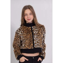Leopar Desenli Fermuarlı Yumuşak Dokulu Crop Kız Çocuk Peluş Ceket