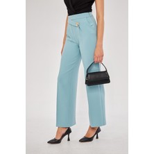 Kare Düğme Bol Paça Pantolon Mint Yeşili
