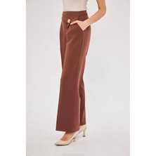 Kare Düğme Bol Paça Pantolon Kahve