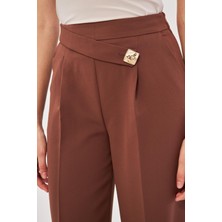 Kare Düğme Bol Paça Pantolon Kahve