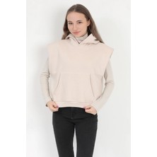 Kadın Bej Kolsuz Kapüşonlu Kanguru Cepli Oversize 3 İp Sweatshirt Hoodie - 2522