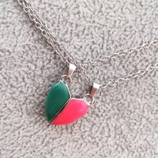 Dream Butik Ikili Kalpli Pembe Yeşil Mıknatıslı Kolye