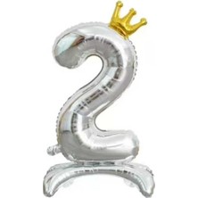 Patladı Gitti 2 Rakam Gümüş Renkli Ayaklı Ve Kral Taç'lı Folyo Balon 34 Inç 76 Cm