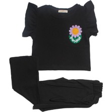 Bebegen Kız Çocuk Siyah Lila Papatya Nakışlı Bürümcük Pantolonlu 2'li Takım