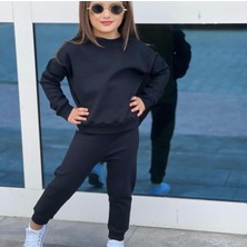 Kids Face Özel Tasarım Bisiklet Yaka Baskısız Düz Lacivert Şardonlu Kışlık Kız Çocuk Eşofman Takımı