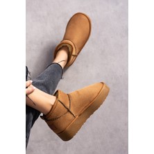 Yula Fashion Shoes Mini Taba Süet Içi Kürklü Kalın Taban Kadın Bot