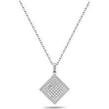 Brezza Lusso Jewelry Timeless Series Zirkon Taşlı Gümüş Işıltılı Kare Kolye