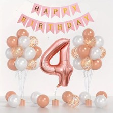 Konsept Sepeti 4 Yaş Rosegold Balon Seti Rosegold Konfetili Beyaz Balon Happy Birthday Banner(Balon Bandı Hediyeli)