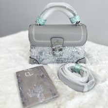 Işlemeli Gri Renkli El ve Omuz Çantası