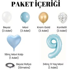 Konsept Sepeti 9 Yaş Doğum Günü Seti Yaş Folyo ve Mavi Beyaz Krom Gold Konfetili Kalp Balon Parti Seti