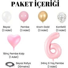 Konsept Sepeti 6 Yaş Doğum Günü Seti Yaş Folyo ve Beyaz Pembe Krom Gold Konfetili Pembe Kalp Balon Parti Seti