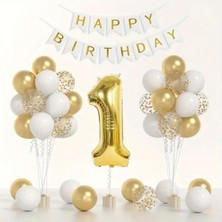 Konsept Sepeti Yaş Gold Balon Seti Krom Gold Konfetili Beyaz Balon Happy Birthday Banner (Balon Bandı Hediyeli)