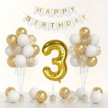 Konsept Sepeti Yaş Gold Balon Seti Krom Gold Konfetili Beyaz Balon Happy Birthday Banner (Balon Bandı Hediyeli)