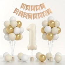 Konsept Sepeti Yaş Retro Krem Balon Seti Krom Gold Deniz Kumu Beyaz Happy Birthday Banner (Balon Bandı Hediyeli)