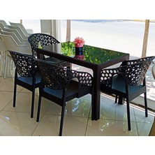 Ziynet Home Rattan Bahçe Balkon Masa Takımı 4 Adet Lotus Sandalye  70x120 Cm Camlı Masa 4 Kişilik Set Pro