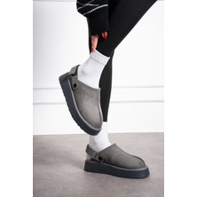 Yula Fashion Shoes Sabo Kadın Tüylü Terlik Kışlık Sandalet-Gri