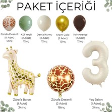 Konsept Sepeti 3 Yaş Safari Zürafa Desenli Doğum Günü Küf Yeşili Deniz Kumu Krom Gold Kahverengi Balon Parti Seti