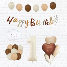 Konsept Sepeti 1 Yaş Doğum Günü Retro Happy Birthday Banner Bulut Folyo Balon Kalp Bej Balon Parti Seti