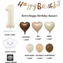 Konsept Sepeti 1 Yaş Doğum Günü Retro Happy Birthday Banner Bulut Folyo Balon Kalp Bej Balon Parti Seti