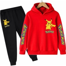 Kids Face Özel Tasarım Kapüşonlu Pokemon Baskılı Şardonlu Kışlık Erkek Çocuk Trend Eşofman Takımı