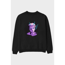 Ankhises Folklore Enthusiast Ön Baskılı Siyah Oversize Sweatshirt Erkek Kadın Bisiklet Yaka
