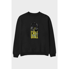 Ankhises Chill Out Yazılı Ön Baskılı Siyah Oversize Sweatshirt Erkek Kadın Bisiklet Yaka