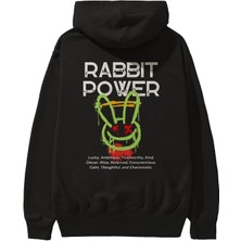 Ankhises Rabbit Power Yazılı Arka Baskılı Siyah Oversize Kapüşonlu Sweatshirt Erkek Kadın