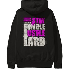 Ankhises Stay Hustle Arka Baskılı Siyah Oversize Kapüşonlu Sweatshirt Erkek Kadın
