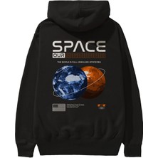 Ankhises Space Our Arka Baskılı Siyah Oversize Kapüşonlu Sweatshirt Erkek Kadın