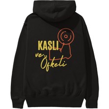 Ankhises Kaslı ve Öfkeli Yazılı Arka Baskılı Siyah Oversize Kapüşonlu Sweatshirt Erkek Kadın