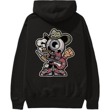 Ankhises Eyeball Rockstar Cowboy Arka Baskılı Siyah Oversize Kapüşonlu Sweatshirt Erkek Kadın