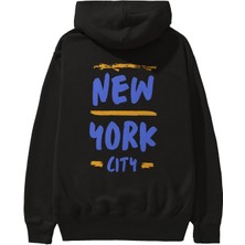Ankhises New York City 3 Arka Baskılı Siyah Oversize Kapüşonlu Sweatshirt Erkek Kadın