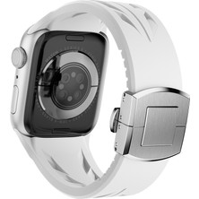 Cepte Aksesuar Apple Watch 7 45MM KRD-127 Metal Tokalı Silikon Kordon-Beyaz