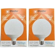 Osaka 15W (100W) 6500K (Beyaz Işık) E27 Duylu G95 LED Glop Ampul (2 Adet)