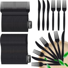 Omeyva Plastik Siyah Çatal Bıçak Seti Takımı- 50 Ad. Çatal + 50 Adet Bıçak - 18  cm .