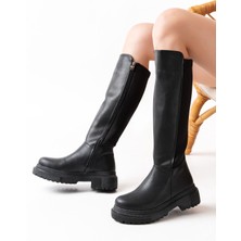 Ellolita Luxury Shoes 812-305 Siyah Arkası Streç Fermuarlı Günlük Kadın Çizme