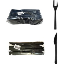 Omeyva Plastik Siyah Çatal Bıçak Seti Takımı- 100 Ad. Çatal + 100 Adet Bıçak - 18 Cm.