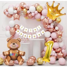 Bkmc Party Gold Yaş Rakamlı Kral Taç Oturan Ayı Temalı  Rose Gold Pembe Balonzinciri Doğum Günü Parti Seti Süsü