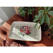 Ebruli Emaye Vintage Çiçek Demeti Dekor Stoneware Ordövr Tabağı