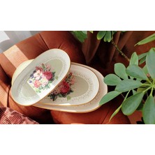 Ebruli Emaye Vintage Çiçek Demeti Dekor Stoneware  3 Lü Kayık Tabak Kahvaltı  Sunumluk