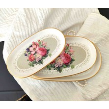 Ebruli Emaye Vintage Çiçek Demeti Dekor Stoneware  3 Lü Kayık Tabak Kahvaltı  Sunumluk