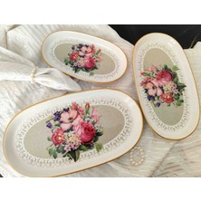 Ebruli Emaye Vintage Çiçek Demeti Dekor Stoneware  3 Lü Kayık Tabak Kahvaltı  Sunumluk