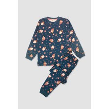 Elmas Kids Kız Çocuk  Pamuk Koyu Yeşil Baykuş ve Çiçek Desenli Uzun Kollu Pijama Takımı